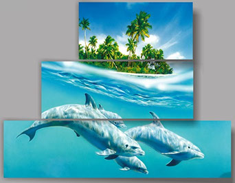 модульная картина на натуральном холсте "Дельфины", состоит из трех частей
