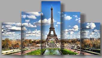 модульная картина "Париж" на натуральном холсте - город, состоит из пяти секций