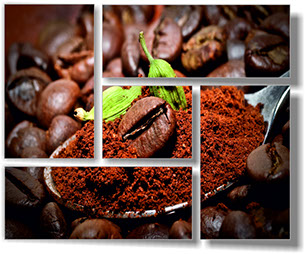 модульная картина на натуральном холсте "Кофе в зернах и ложкой молотого кофе", состоит из пяти частей
