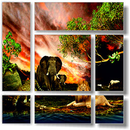 модульная картина на натуральном холсте "Африка. Слоны и лев", состоит из шести частей